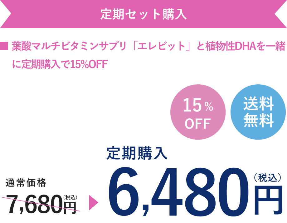 エレビットとエレビット 植物性DHAのセット定期購入は、通常価格7,680円（税込）が15%OFFで6,480円（税込）。送料無料。