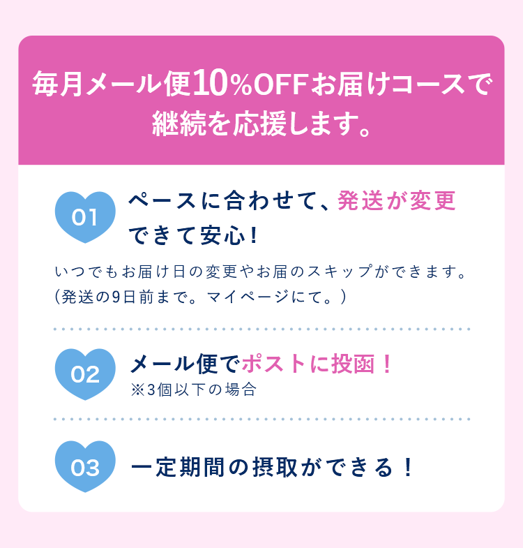 毎月メール便10%OFFお届けコースで継続を応援します。